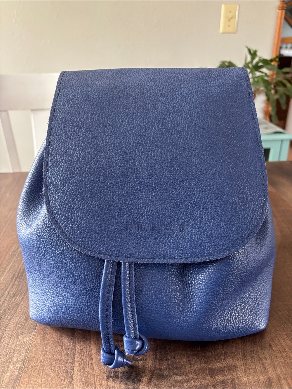 Portland Leather Molino blue bucket backpack. Like new
